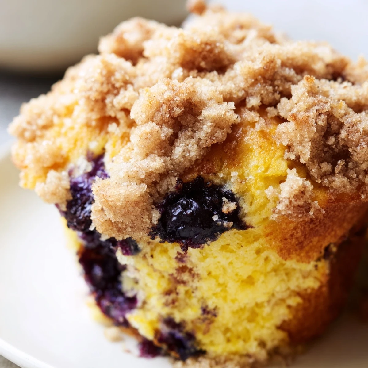 Two Lemon Blueberry Muffins are served on a white plate, ready to be enjoyed with a morning coffee.