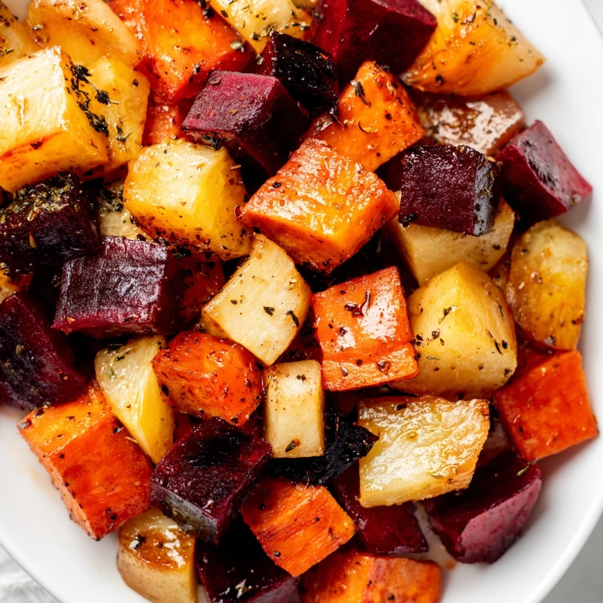 Golden roasted root vegetables with balsamic glaze glistening on a rustic platter, garnished with fresh thyme. 
