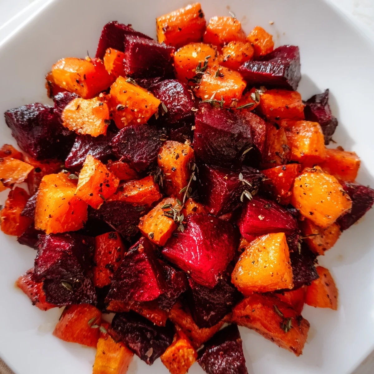 Vibrant roasted root vegetables with balsamic glaze garnished with fresh thyme on a rustic wooden table.