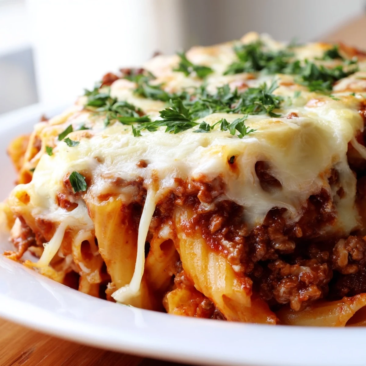 Golden, bubbly mozzarella tops a hearty Baked Ziti with Ground Beef Marinara in a 9x13 casserole dish.