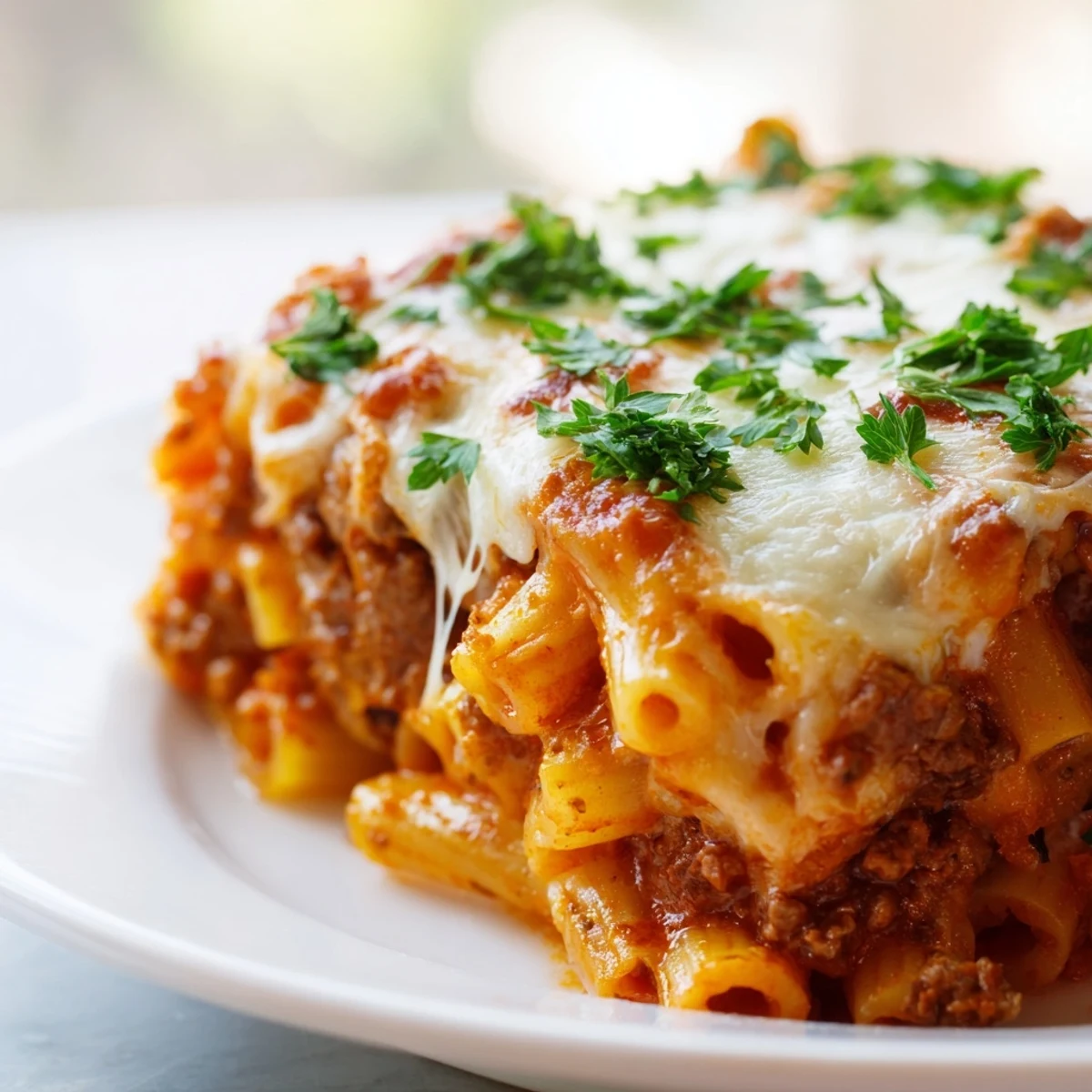 Fresh basil garnishes a skillet of Baked Ziti with Ground Beef Marinara, ready to serve with garlic bread.