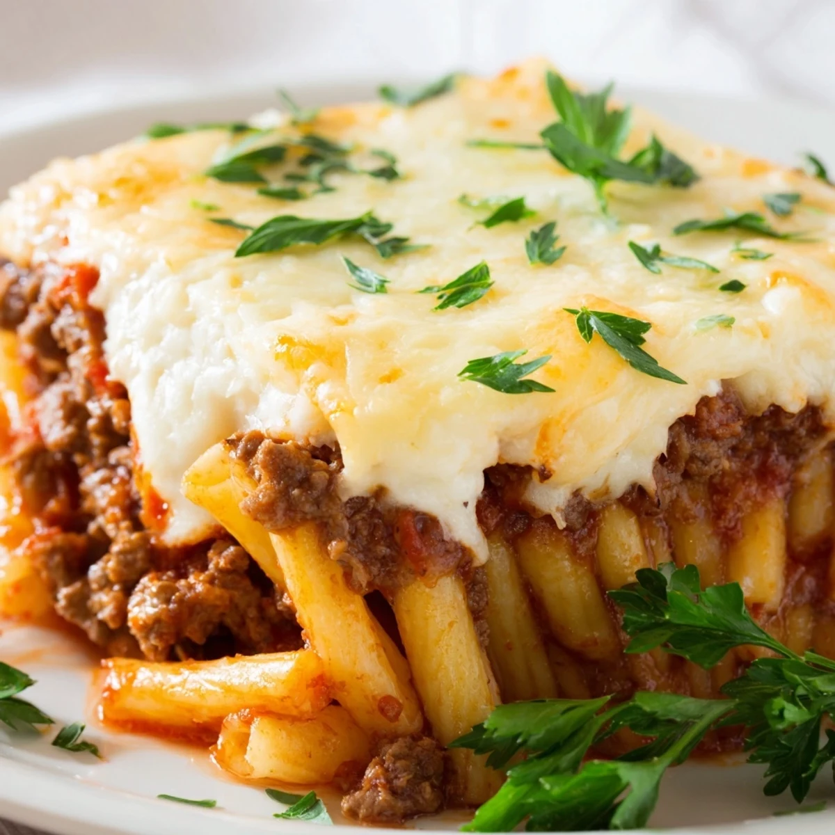 A generous slice of Baked Ziti with Ground Beef Marinara lifted with a fork, revealing layers of pasta.