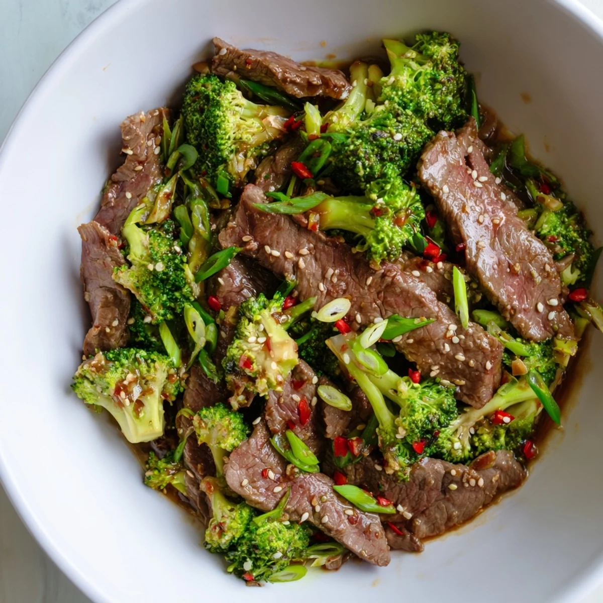 Golden brown beef strips and vibrant green broccoli florets coated in a glossy ginger stir fry sauce in a skillet.