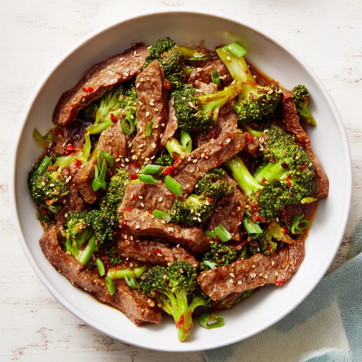 Stir-fried flank steak with fresh ginger and garlic, garnished with green onions and sesame seeds on a rustic wooden table.