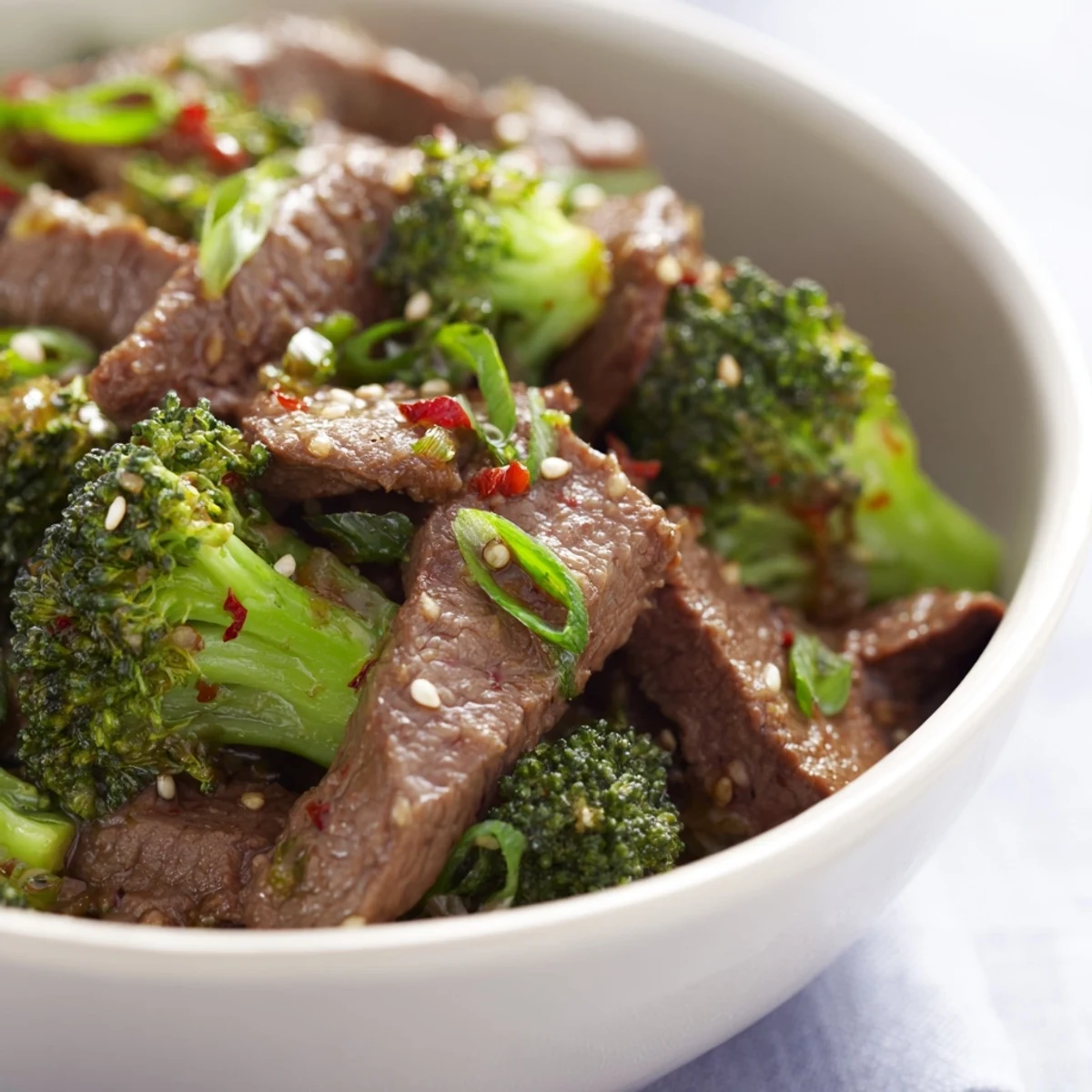Tender beef and crisp broccoli florets steaming in a savory ginger soy sauce, ready to serve over fluffy white rice.