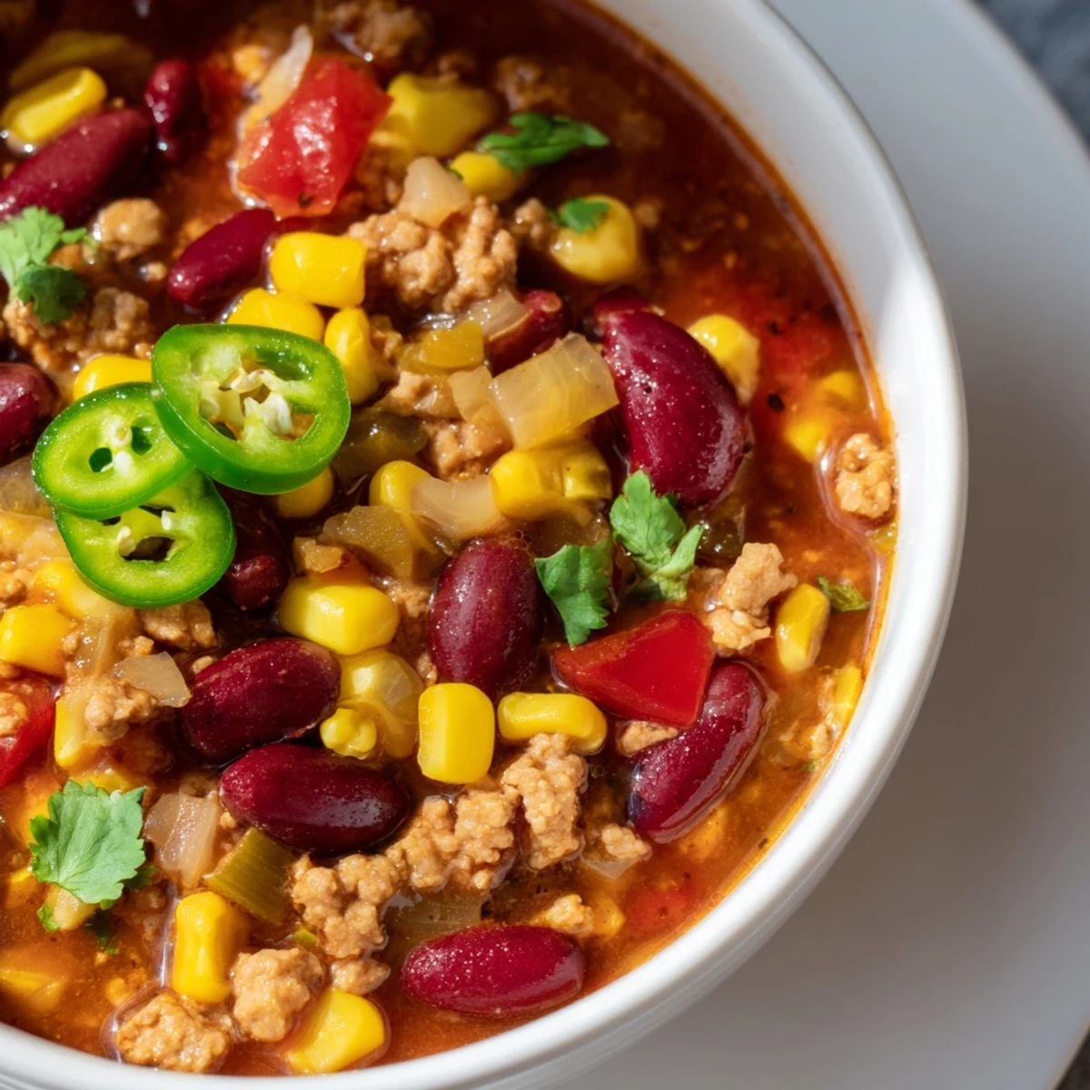 Steaming bowl of hearty Turkey Chili with Kidney Beans and Corn, topped with fresh cilantro.