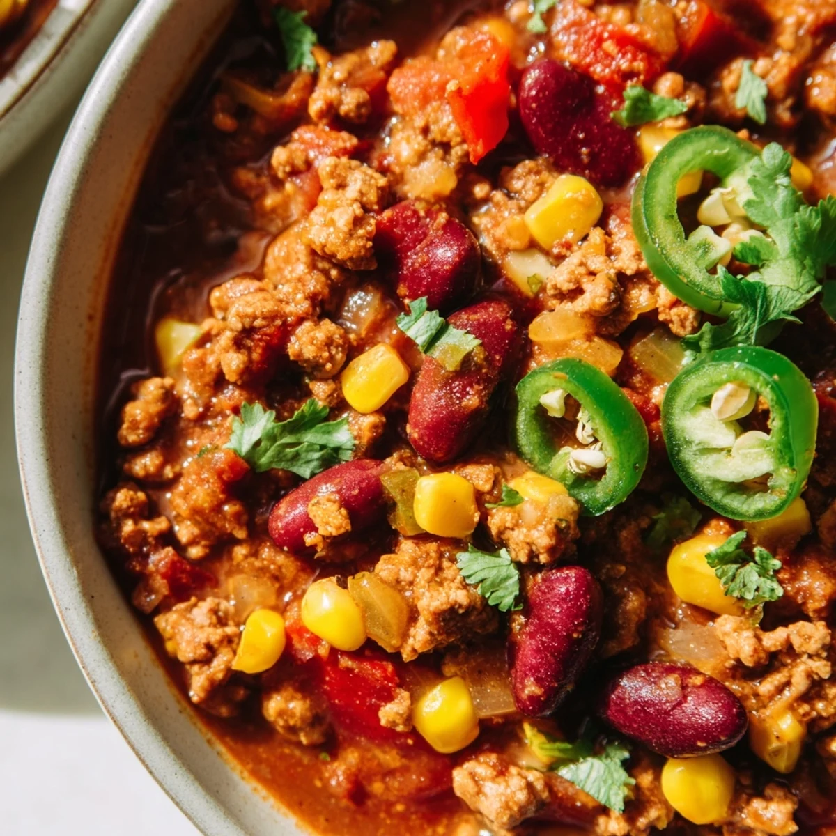 Spiced Turkey Chili with Kidney Beans and Corn simmering in a rustic pot, ready to serve.