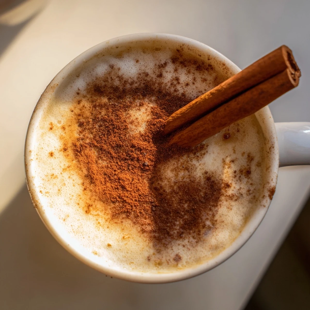Warm Spiced Chai Tea Latte with Cinnamon poured into a glass mug with aromatic steam rising.