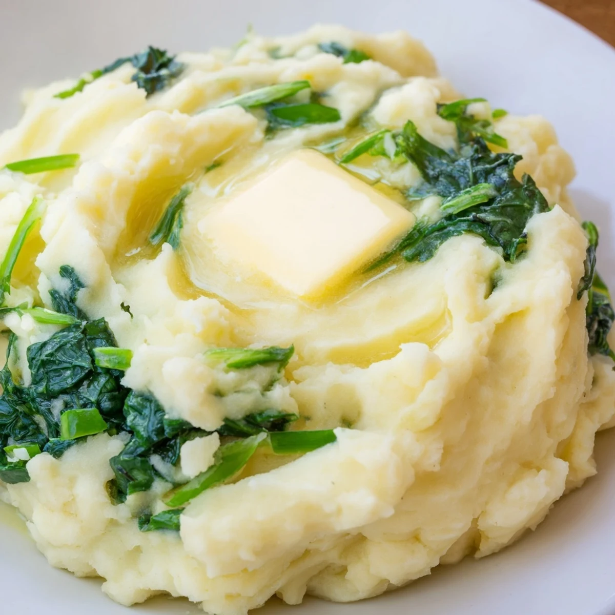 Creamy Traditional Colcannon Mashed Potatoes with Kale are served hot in a rustic bowl, topped with melted butter and scallions.  