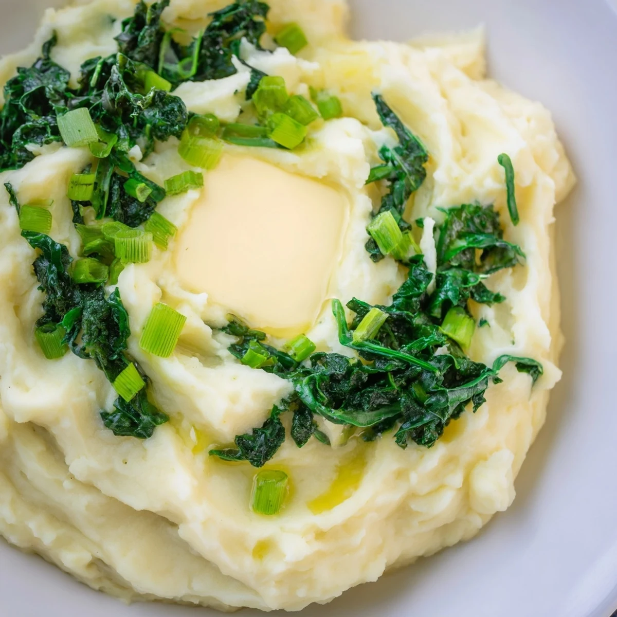 A close-up of Traditional Colcannon Mashed Potatoes with Kale showing flecks of green kale mixed into fluffy mashed potatoes.  