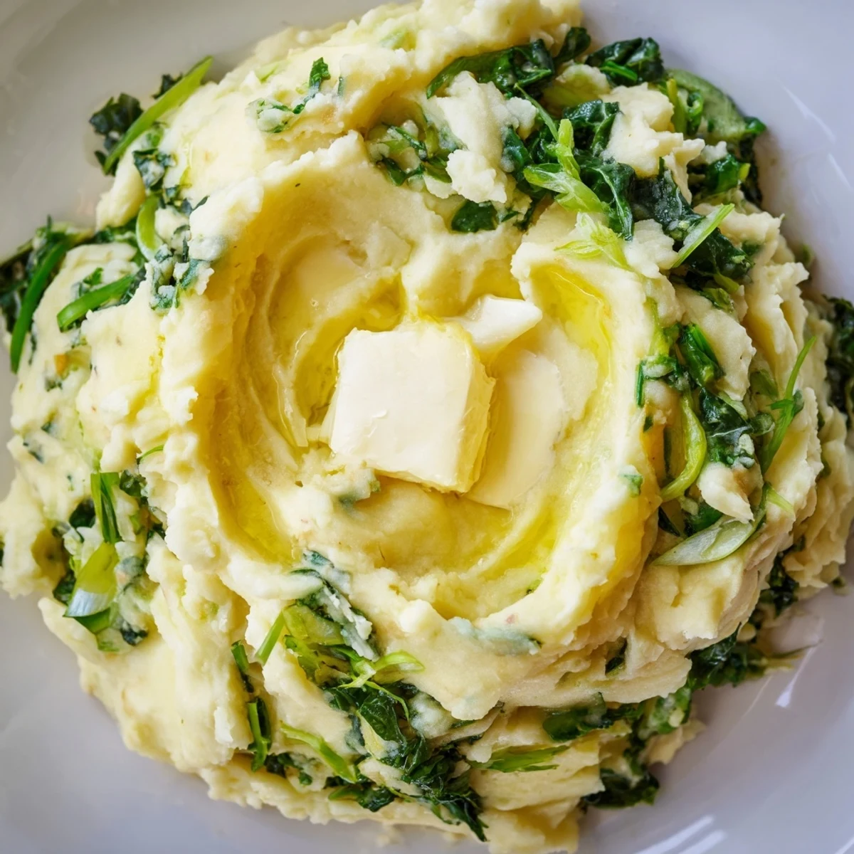 This hearty Traditional Colcannon Mashed Potatoes with Kale is a classic Irish side dish served warm in a white ceramic bowl.