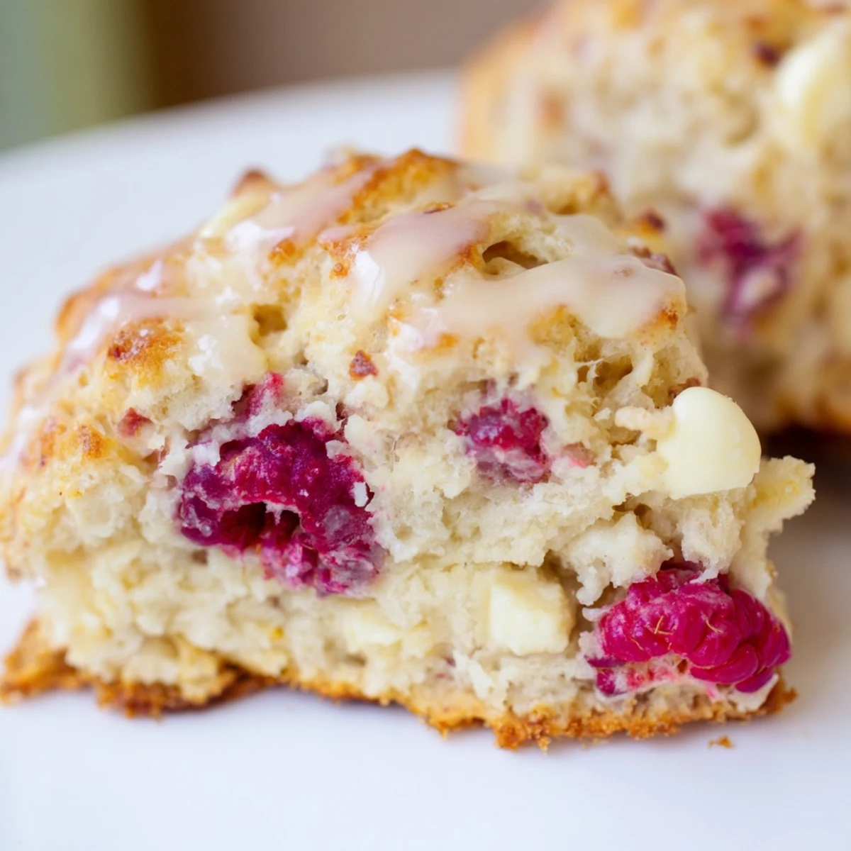 Golden Raspberry White Chocolate Scones with a crumbly texture, served warm on a wooden board beside a cup of tea.