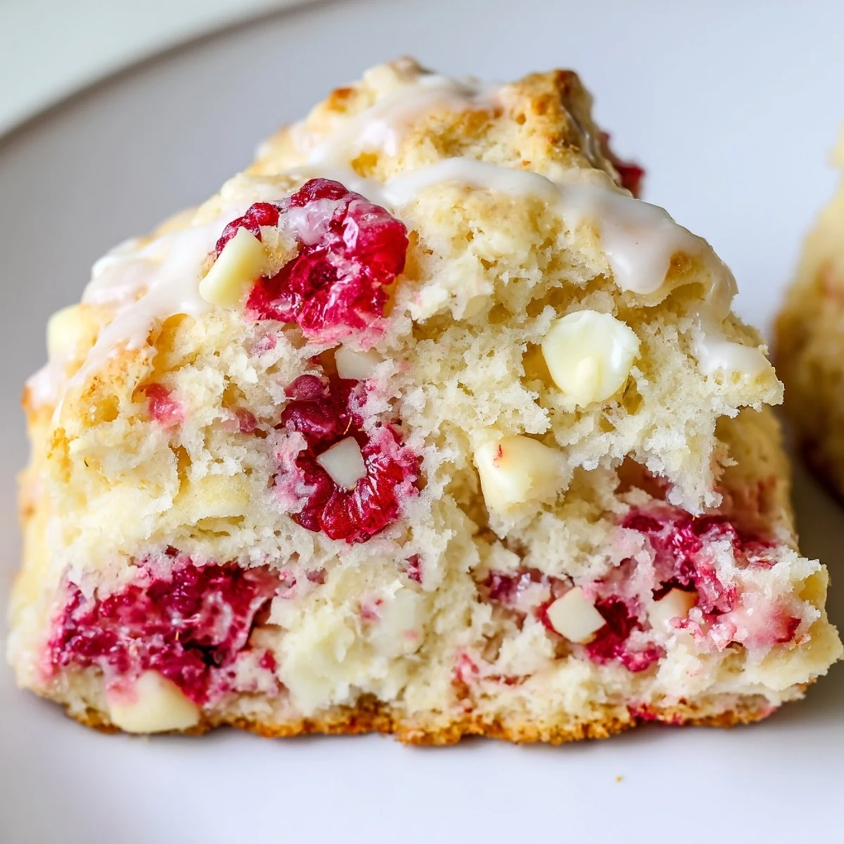 Freshly baked Raspberry White Chocolate Scones on a rustic board, showing juicy red berries and melted white chocolate chunks.