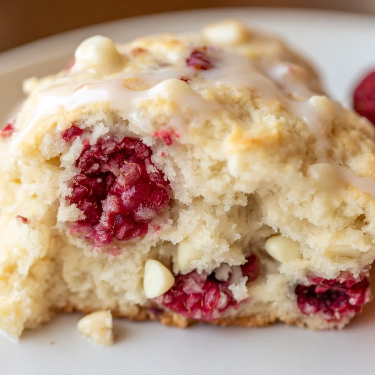 Homemade Raspberry White Chocolate Scones on a baking sheet, with ruby raspberries and creamy white chocolate nestled in the dough.
