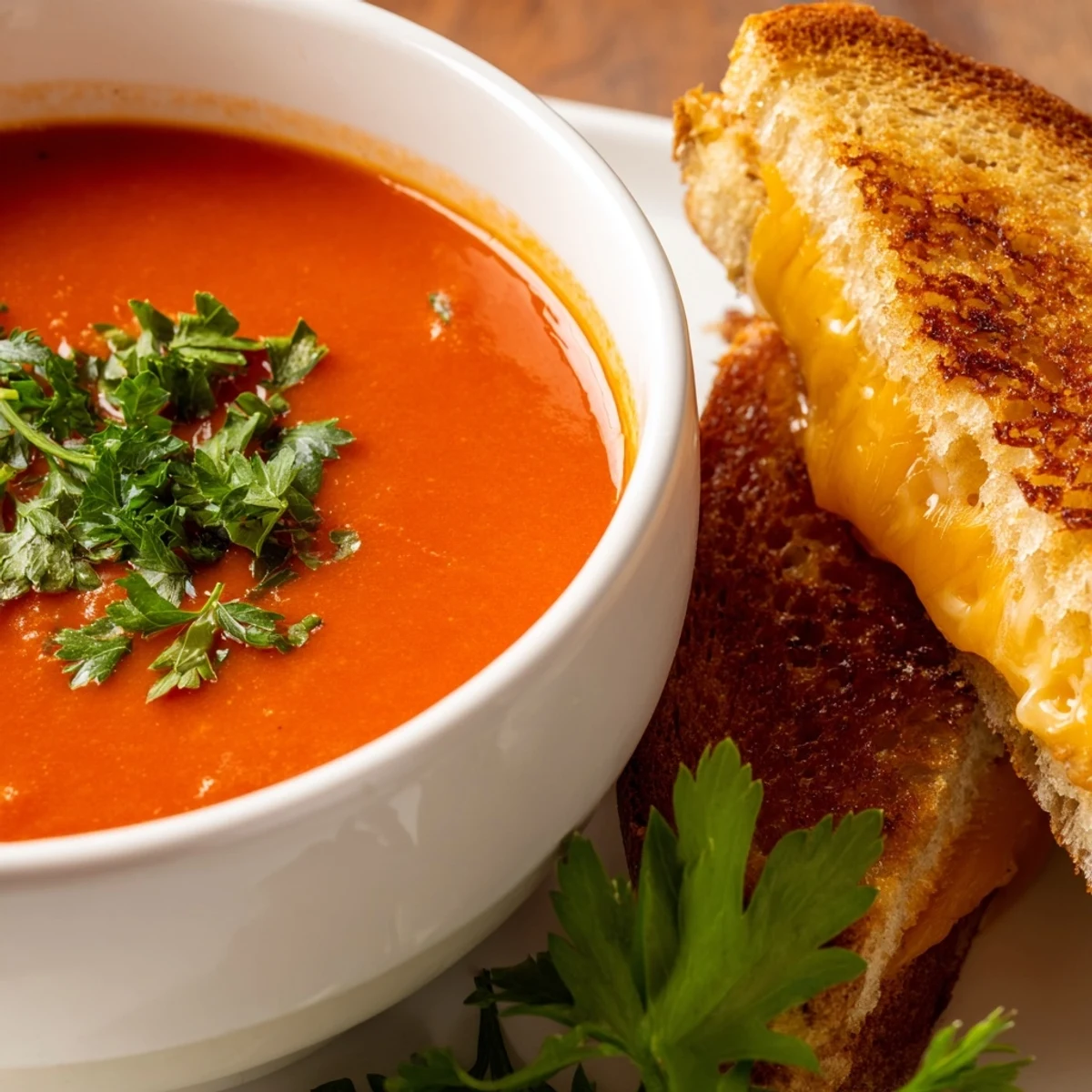 Spicy Creole Tomato Soup with Grilled Cheese is ladled from a pot, showcasing a rich red hue, with crispy, buttery grilled cheese wedges ready for dipping.
