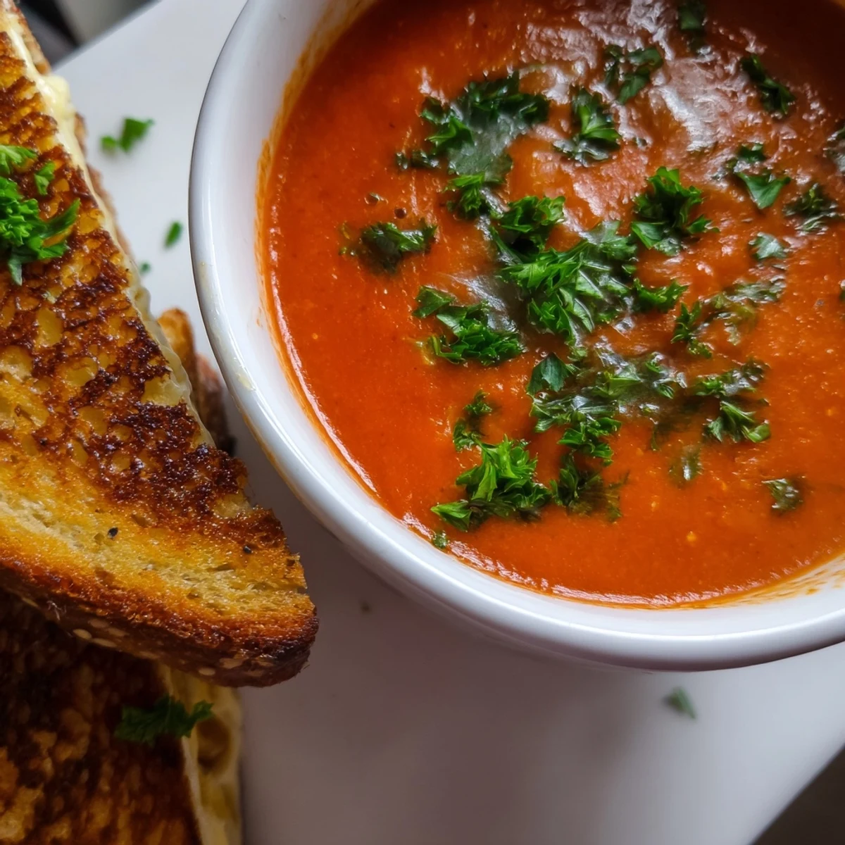 Southern-inspired Creole Tomato Soup with Grilled Cheese pairs a vibrant, chunky vegetable soup with thick, melty grilled cheese sandwiches, perfect for a cozy weeknight dinner.