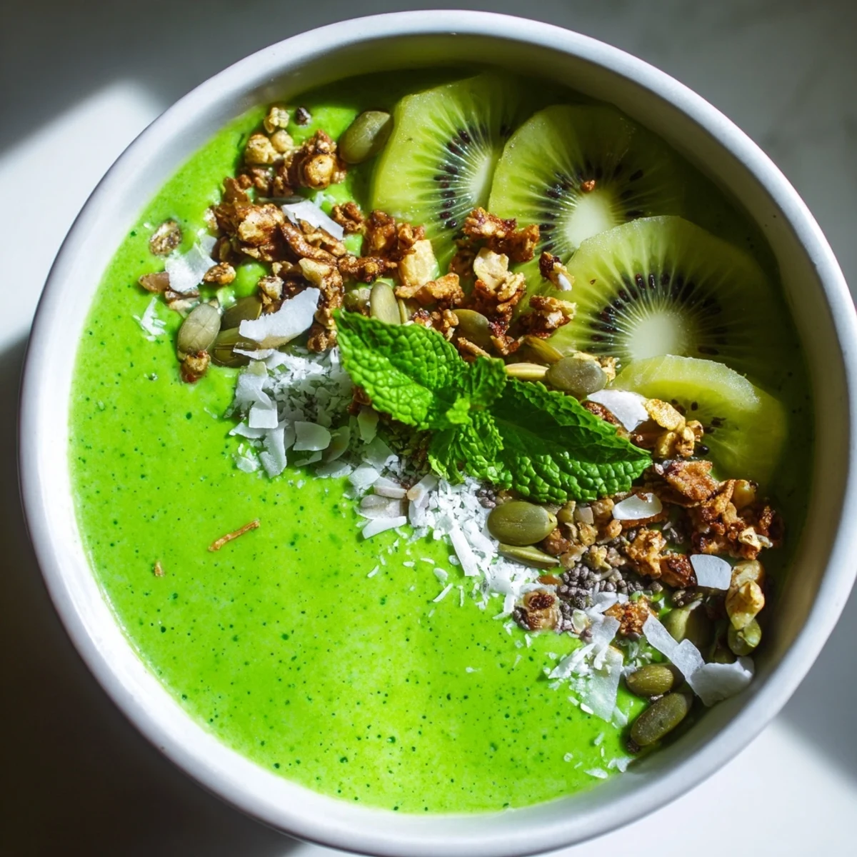 A vibrant, creamy Shamrock Green Smoothie Bowl topped with kiwi slices, crunchy granola, and fresh mint leaves.