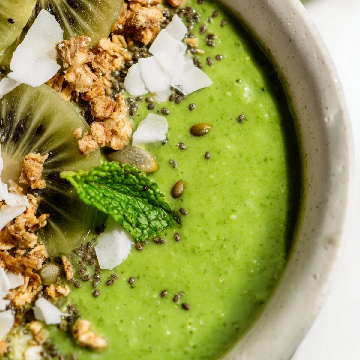 Thick and frosty Shamrock Green Smoothie Bowl in a white bowl, garnished with coconut flakes, pumpkin, and hemp seeds.