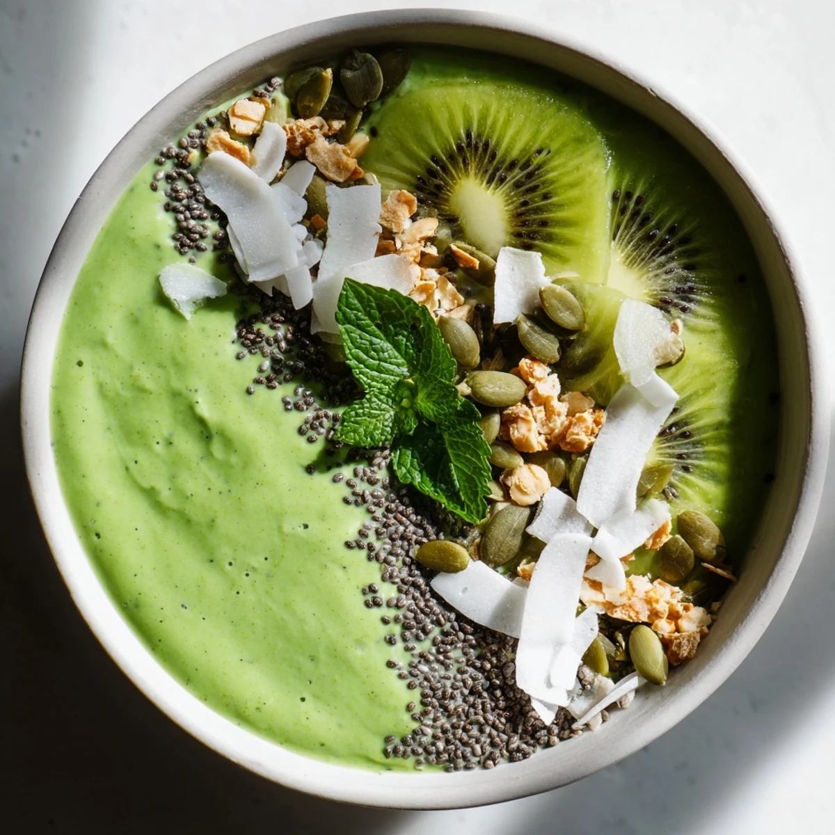 Visually appealing Shamrock Green Smoothie Bowl brimming with spinach, pineapple, mango, and mint, perfect for a refreshing breakfast.
