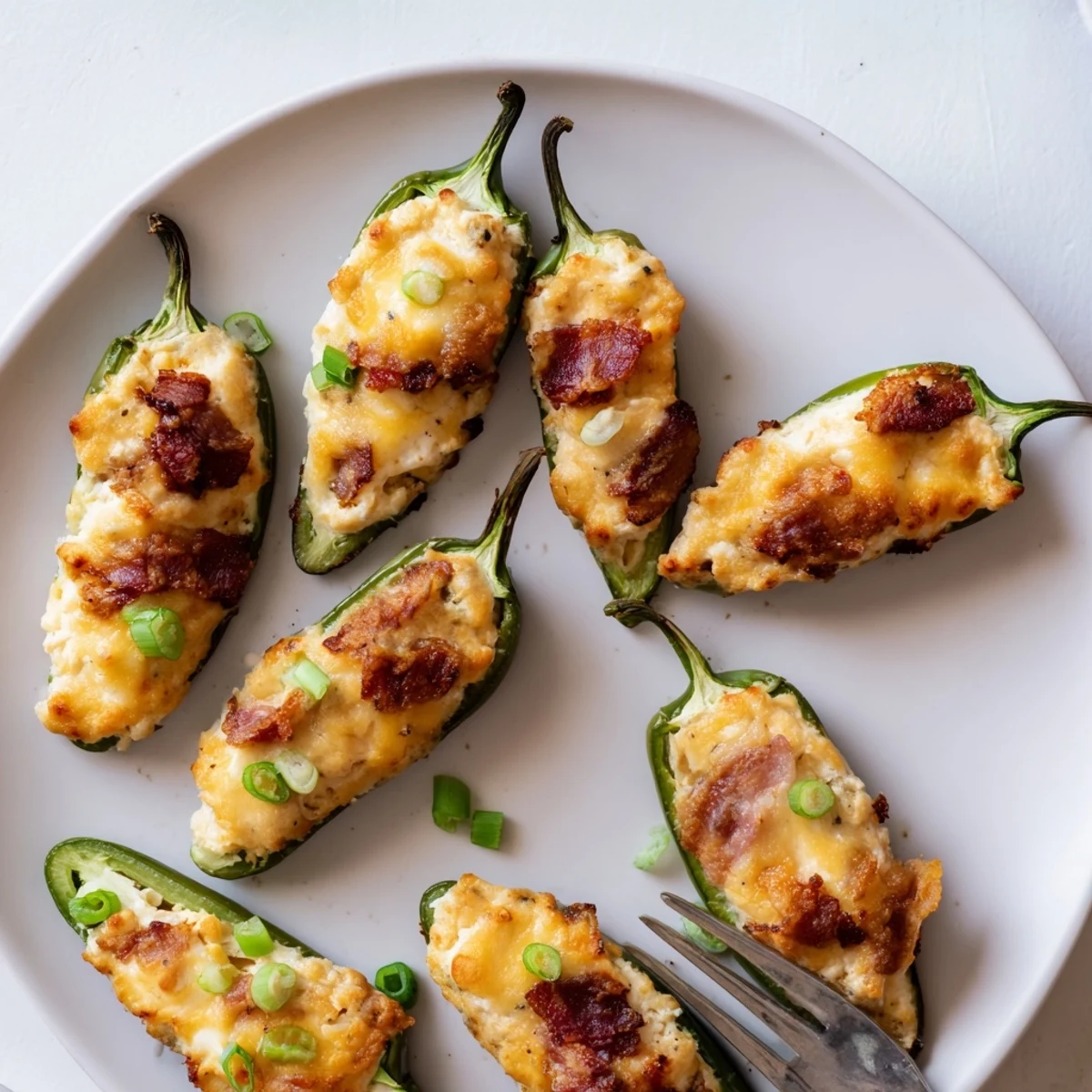 Golden brown Game Day Jalapeno Poppers with turkey bacon sit on a white plate, showcasing melted cheddar and cream cheese filling.