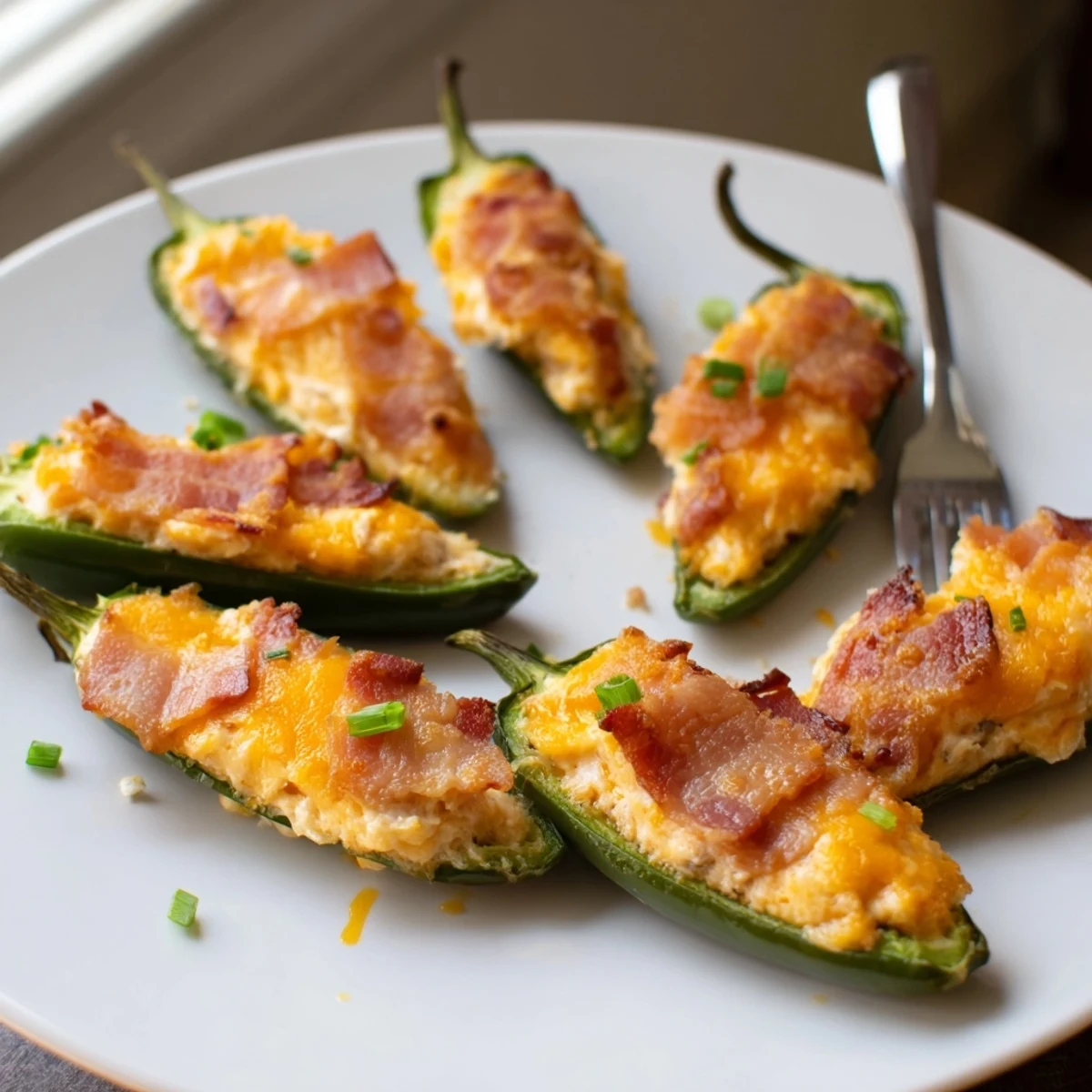 A platter of baked Game Day Jalapeno Poppers garnished with fresh chives, perfect for watching football with friends.