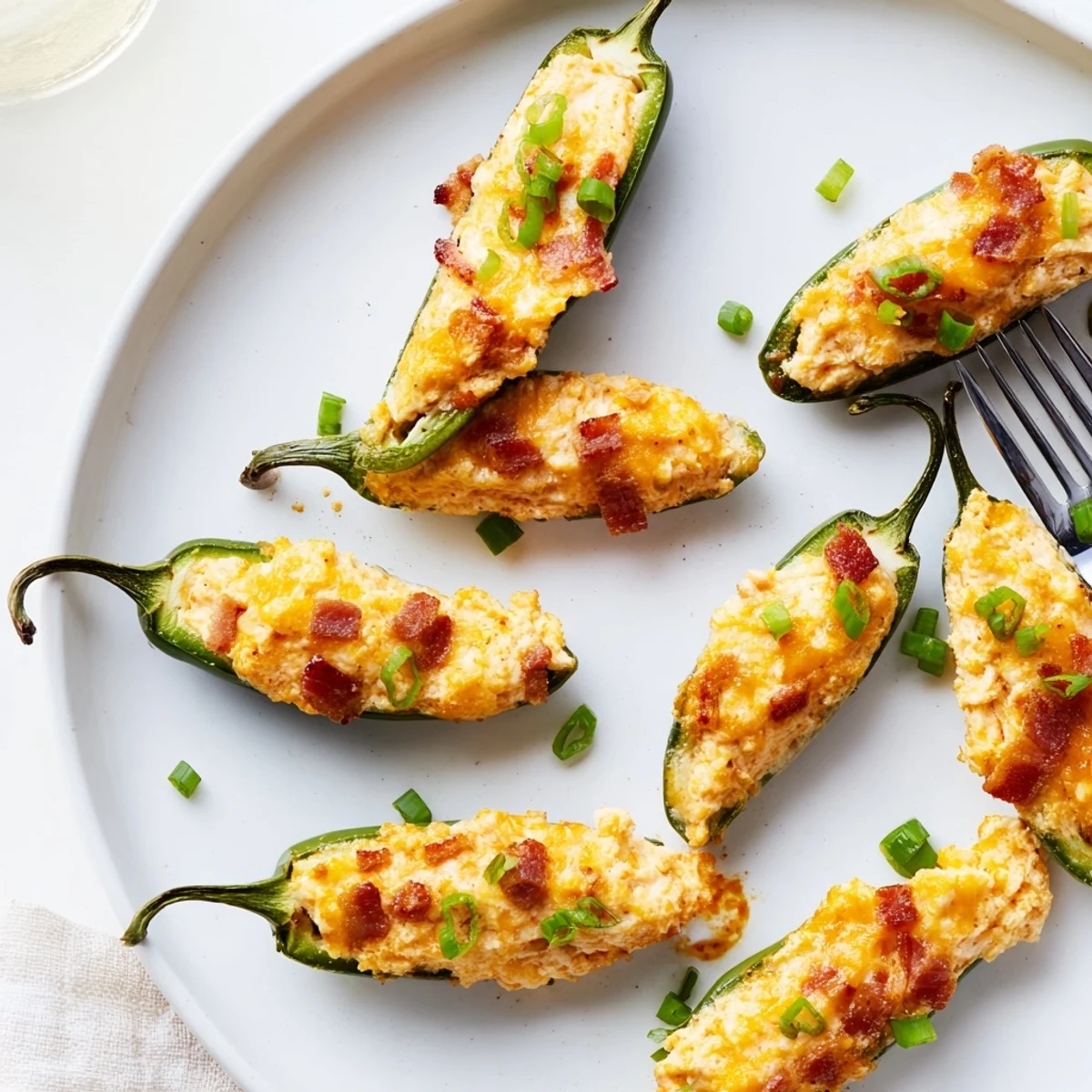 Close-up of a Game Day Jalapeno Poppers bite, revealing spicy pepper halves wrapped in crispy turkey bacon and cheesy filling.