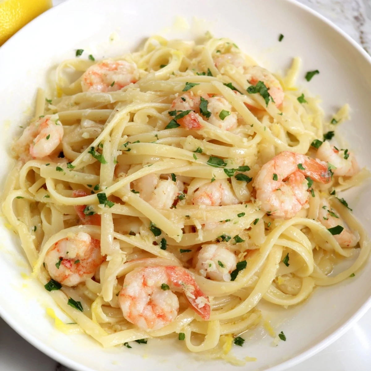 Al dente linguine coated in a savory, garlicky shrimp scampi sauce, ready to be served hot with a squeeze of lemon.
