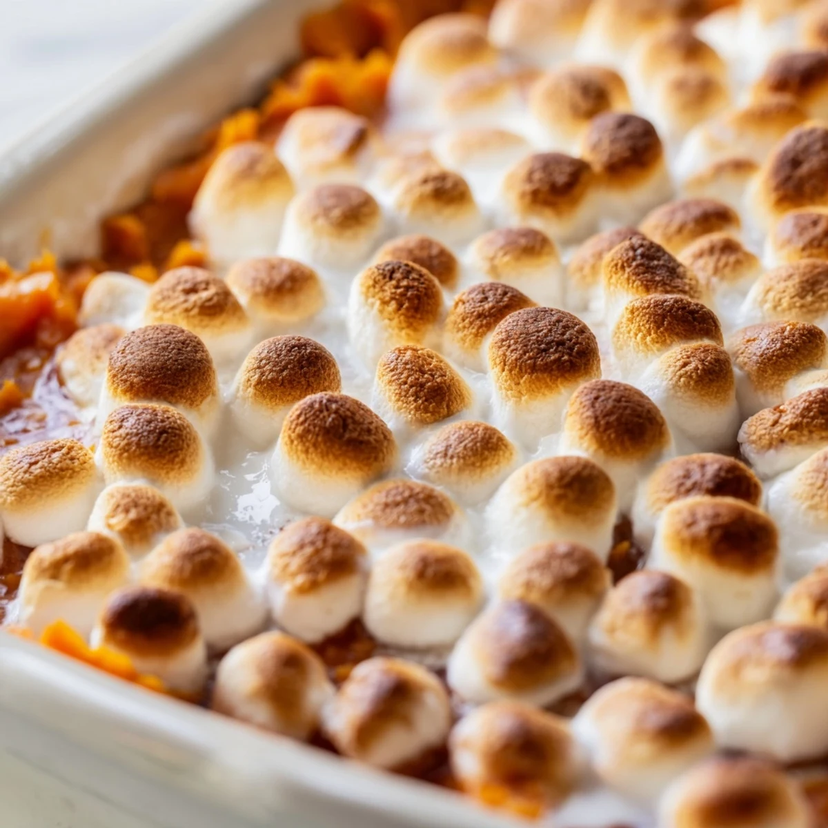 Golden, bubbly Sweet Potato Casserole with a marshmallow topping, ready to serve with Thanksgiving dinner.