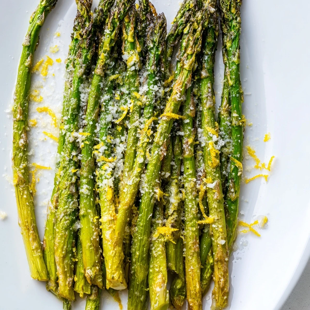 Roasted asparagus with Parmesan and lemon on a white plate, bright green and glistening with olive oil, topped with cheese.
