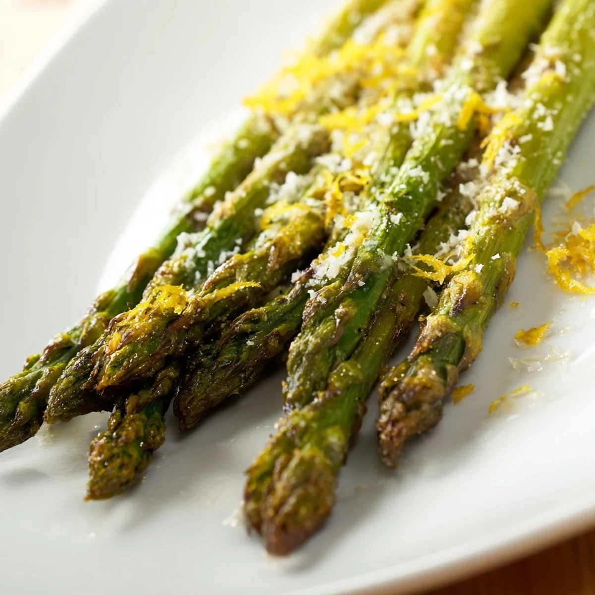 Roasted asparagus with Parmesan and lemon roasted crisp-tender, featuring golden edges, lemon zest, and melted Parmesan cheese on a baking sheet.