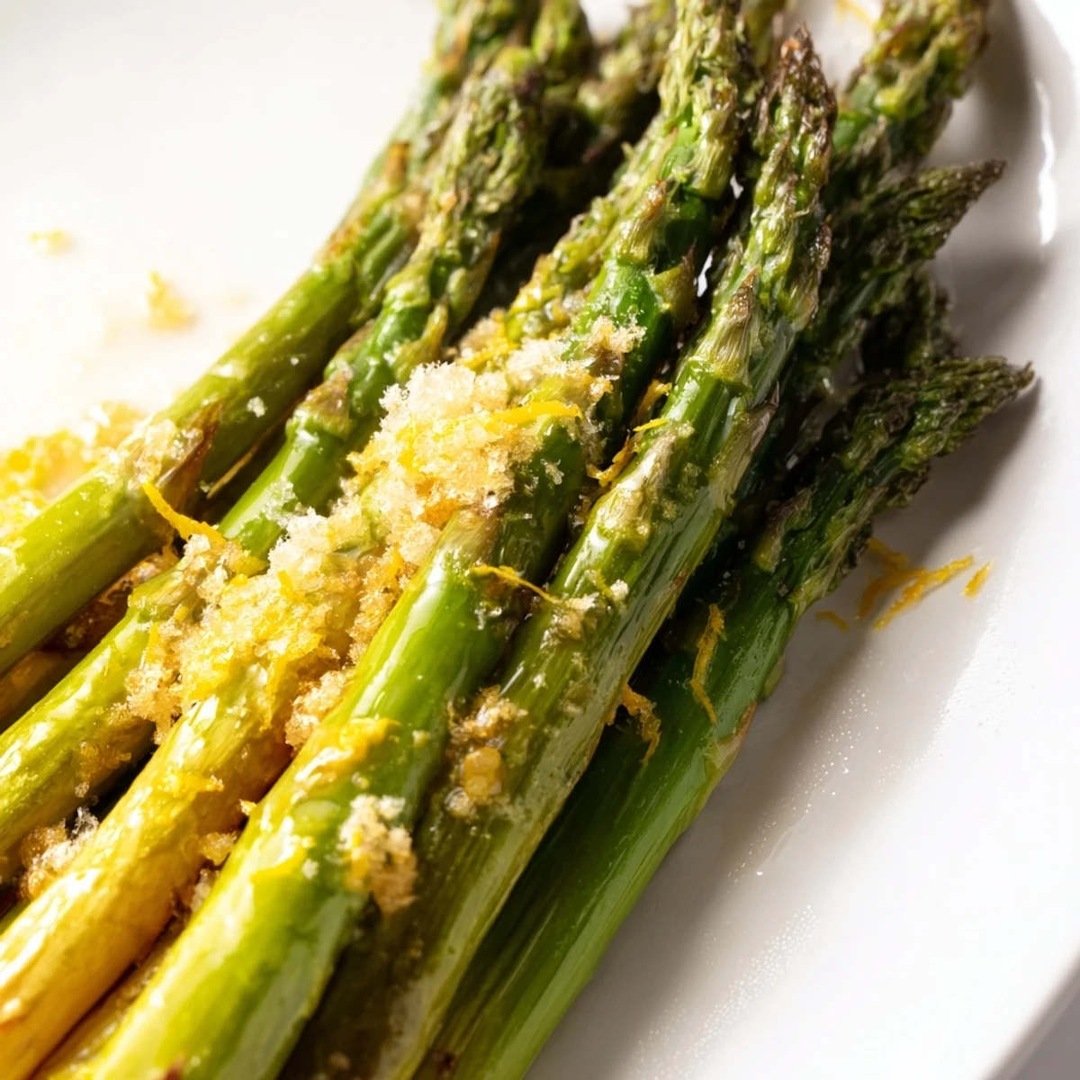 Roasted asparagus with Parmesan and lemon garnished with fresh parsley, ideal beside grilled chicken or fish for an elegant side.