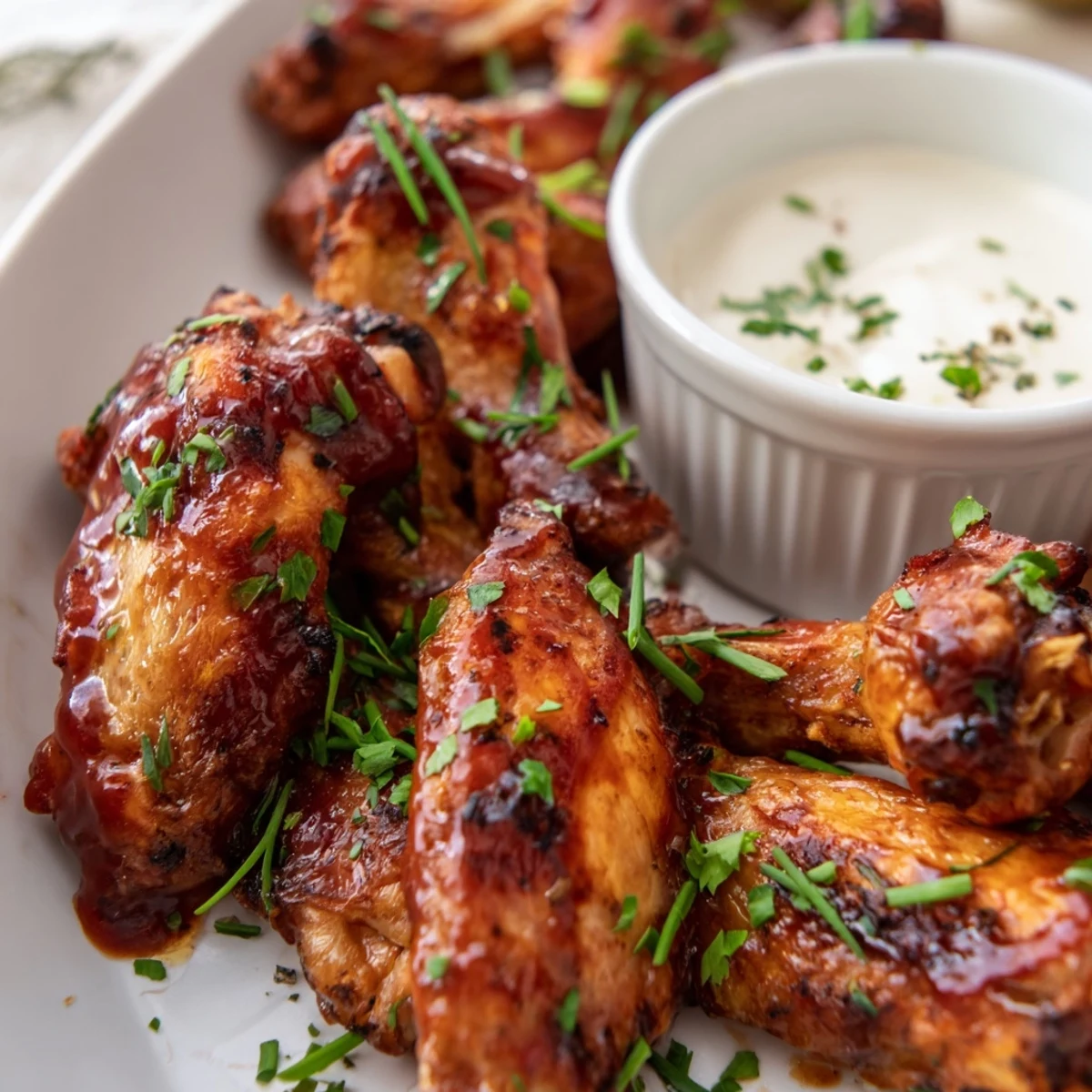 Golden-brown Touchdown BBQ Chicken Wings glistening with tangy barbecue sauce, served with creamy homemade ranch and crisp celery sticks on a platter.  