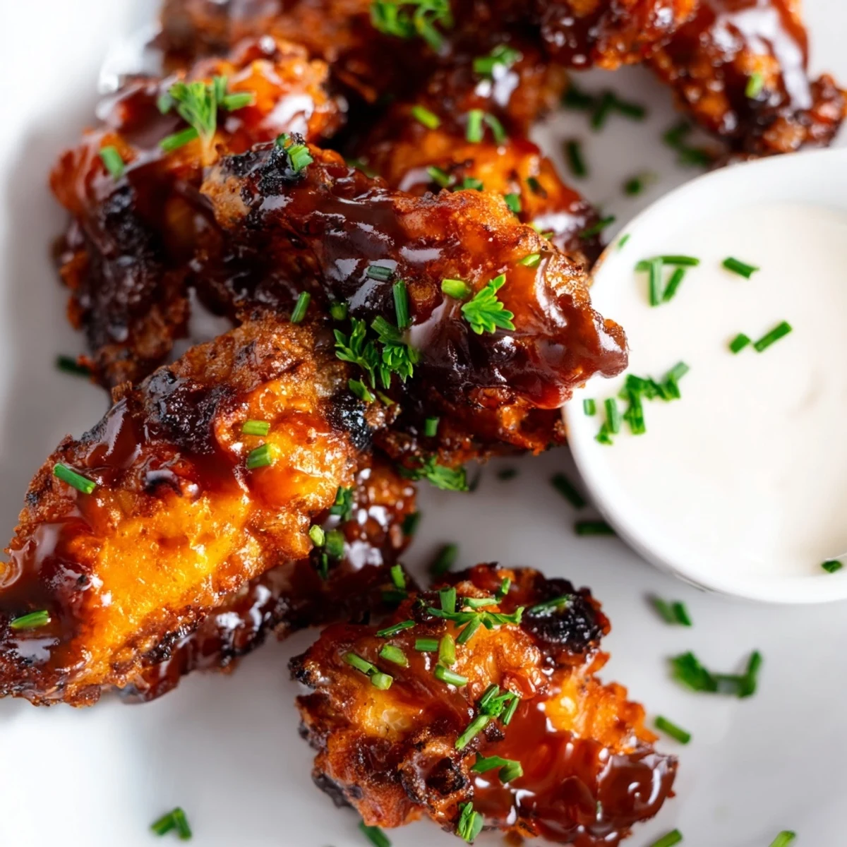 A close-up of crispy Touchdown BBQ Chicken Wings drizzled with sticky barbecue sauce, next to a dip of creamy ranch and crunchy carrots.