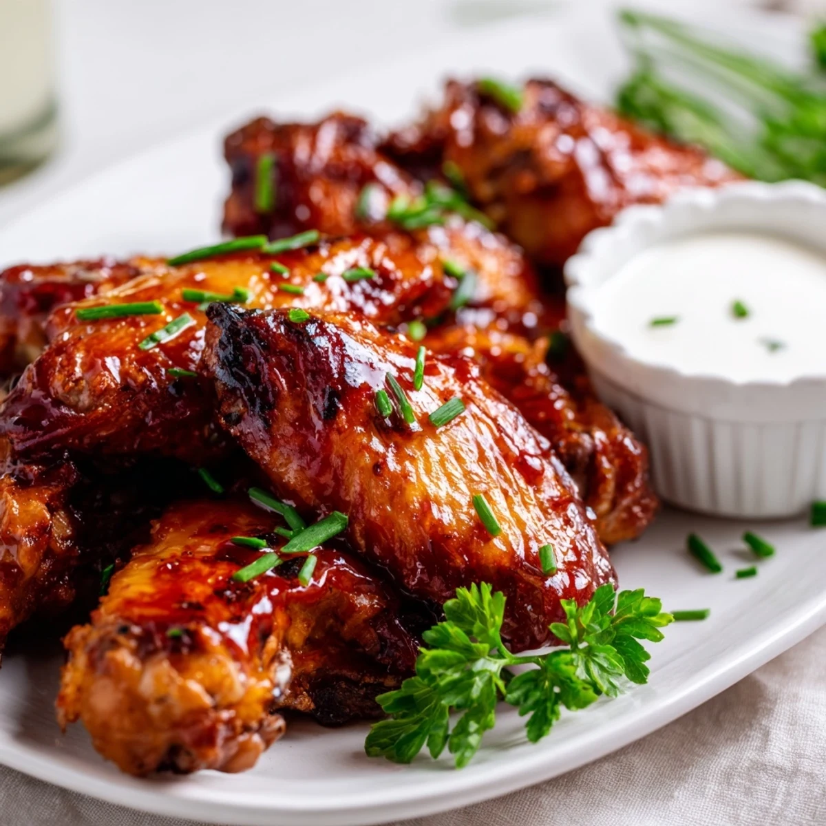 Freshly baked Touchdown BBQ Chicken Wings tossed in smoky barbecue glaze, paired with a bowl of cool ranch dressing and vibrant vegetable crudités.  