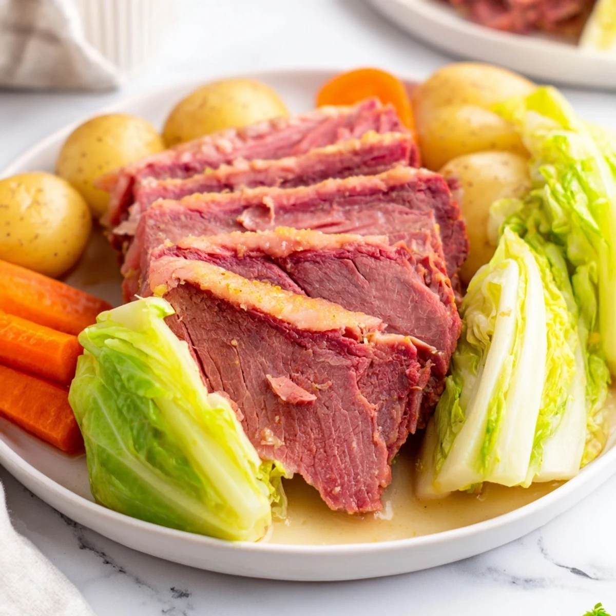 Sliced halal corned beef and cabbage served with tender potatoes and sweet carrots, a hearty Irish-American one-pot meal.