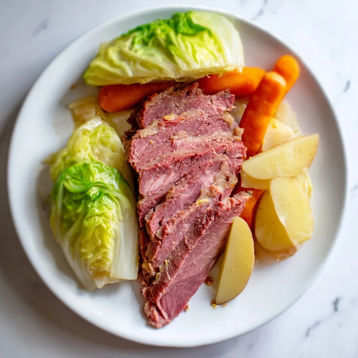 Golden halal corned beef brisket, tender potatoes, and sweet carrots nestled with savory cabbage wedges in a comforting stew.