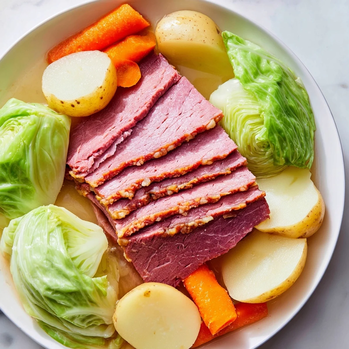 A platter of halal corned beef and cabbage, garnished with fresh parsley and served with grainy mustard alongside potatoes.