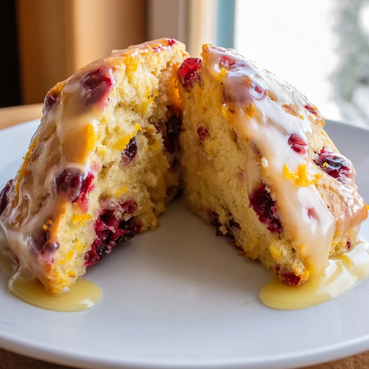 Freshly baked Cranberry Orange Scones with a glossy citrus glaze, served warm for a cozy breakfast.