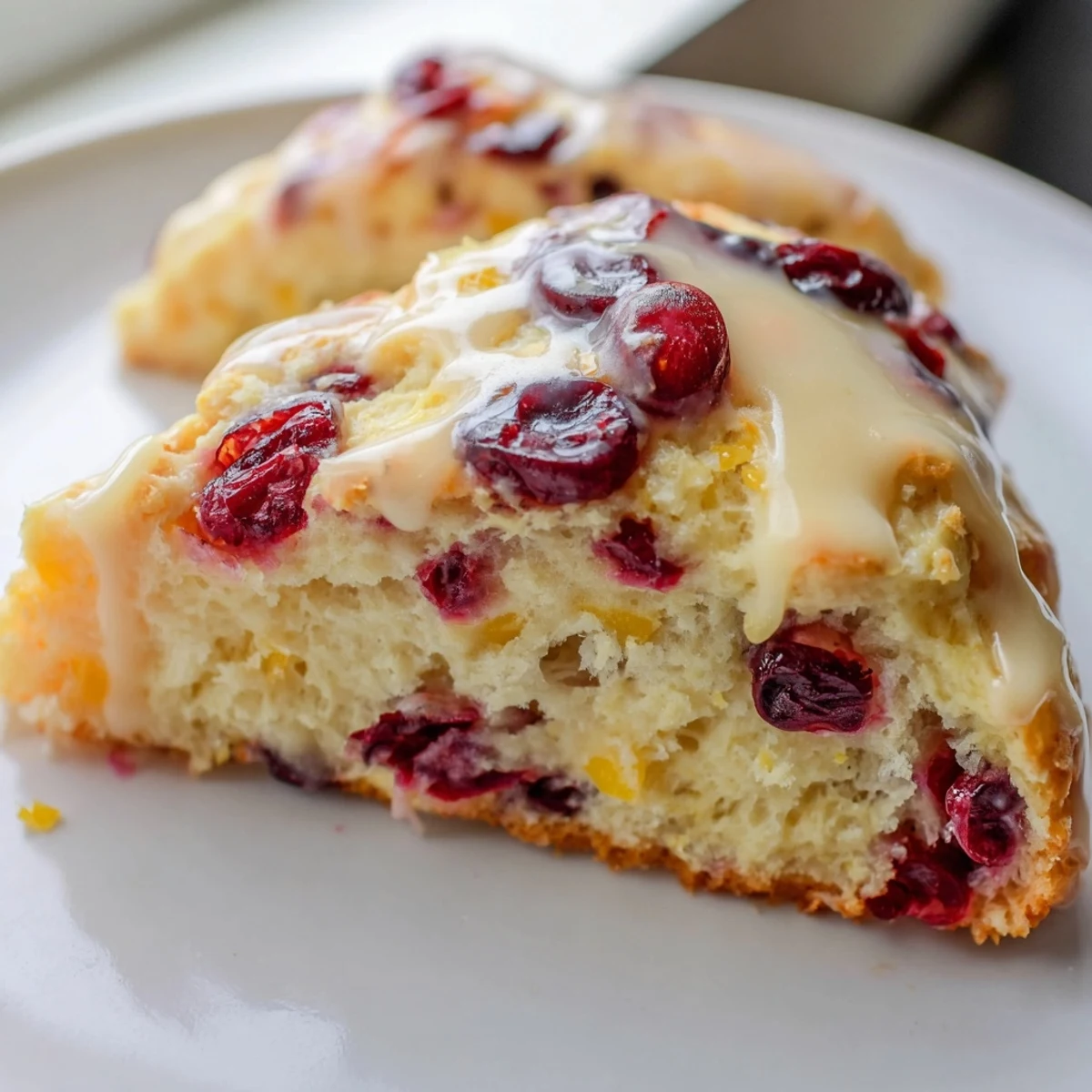 Cranberry Orange Scones drizzled with sweet glaze, piled high on a rustic wooden serving board.