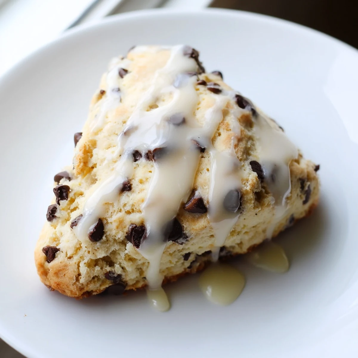 Freshly baked Chocolate Chip Scones with Glaze displayed on a white ceramic platter, showcasing their golden brown edges and melty chocolate chips.