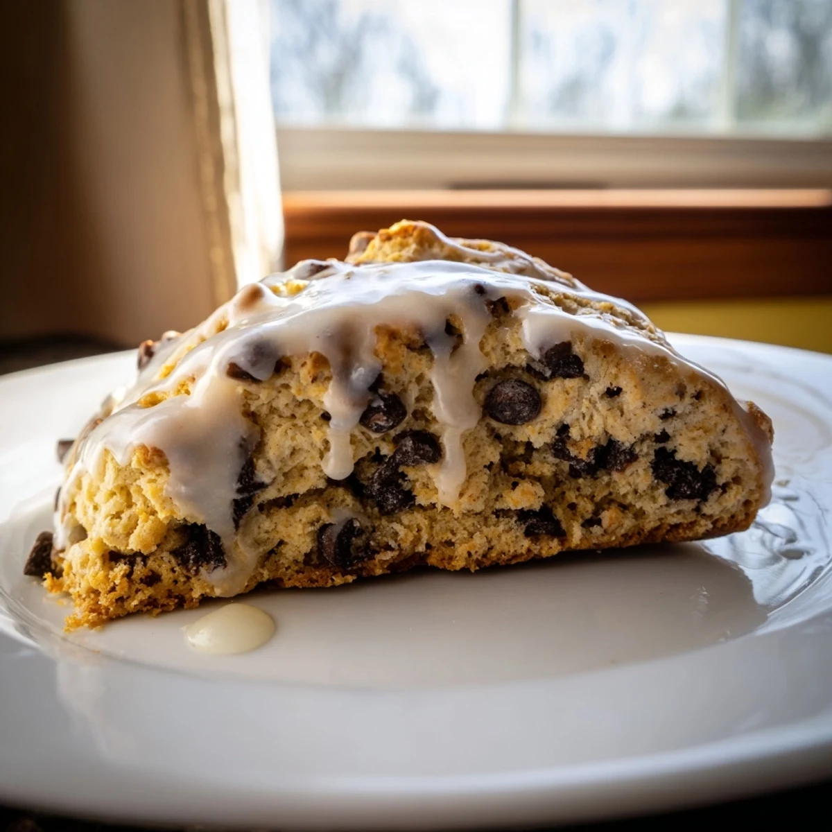 Close-up of a Chocolate Chip Scone with Glaze broken open to reveal tender crumb and abundant semi-sweet chocolate chips, perfect for breakfast.