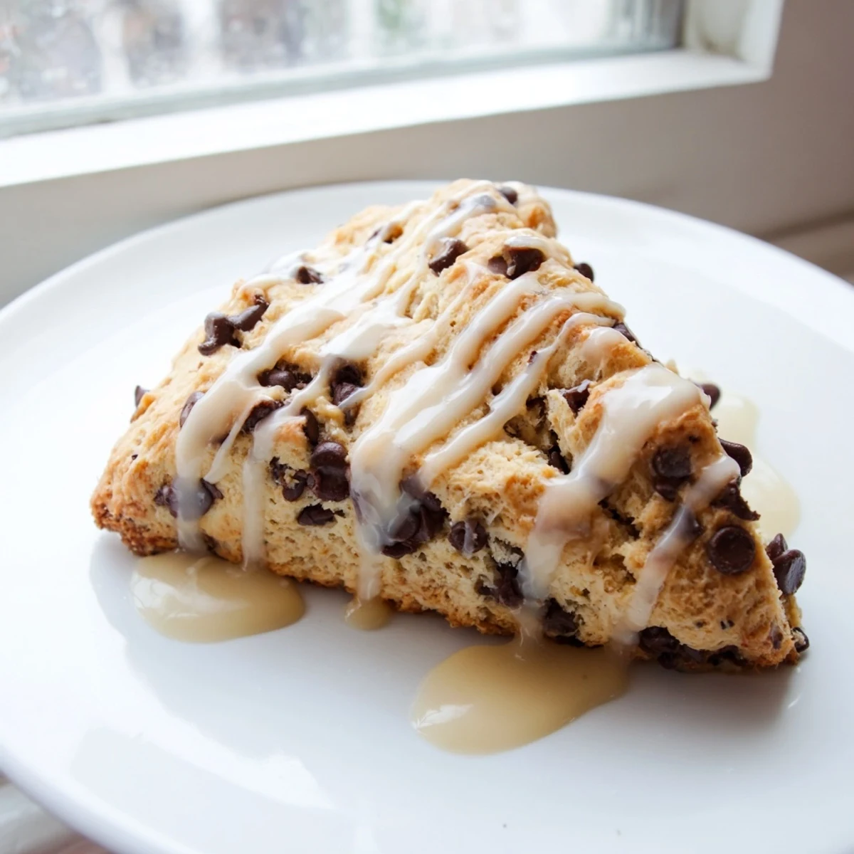 A single Chocolate Chip Scone with Glaze drizzled with white vanilla icing, served on a rustic wooden board beside a steaming mug of coffee.