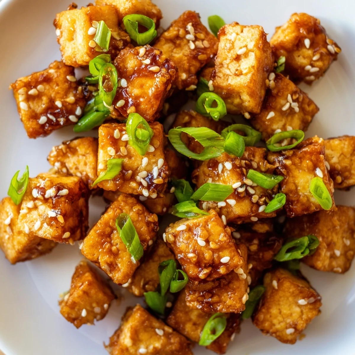 Crispy Air Fryer Tofu with Soy Glaze glistens with sesame seeds and scallions on a white plate.  
