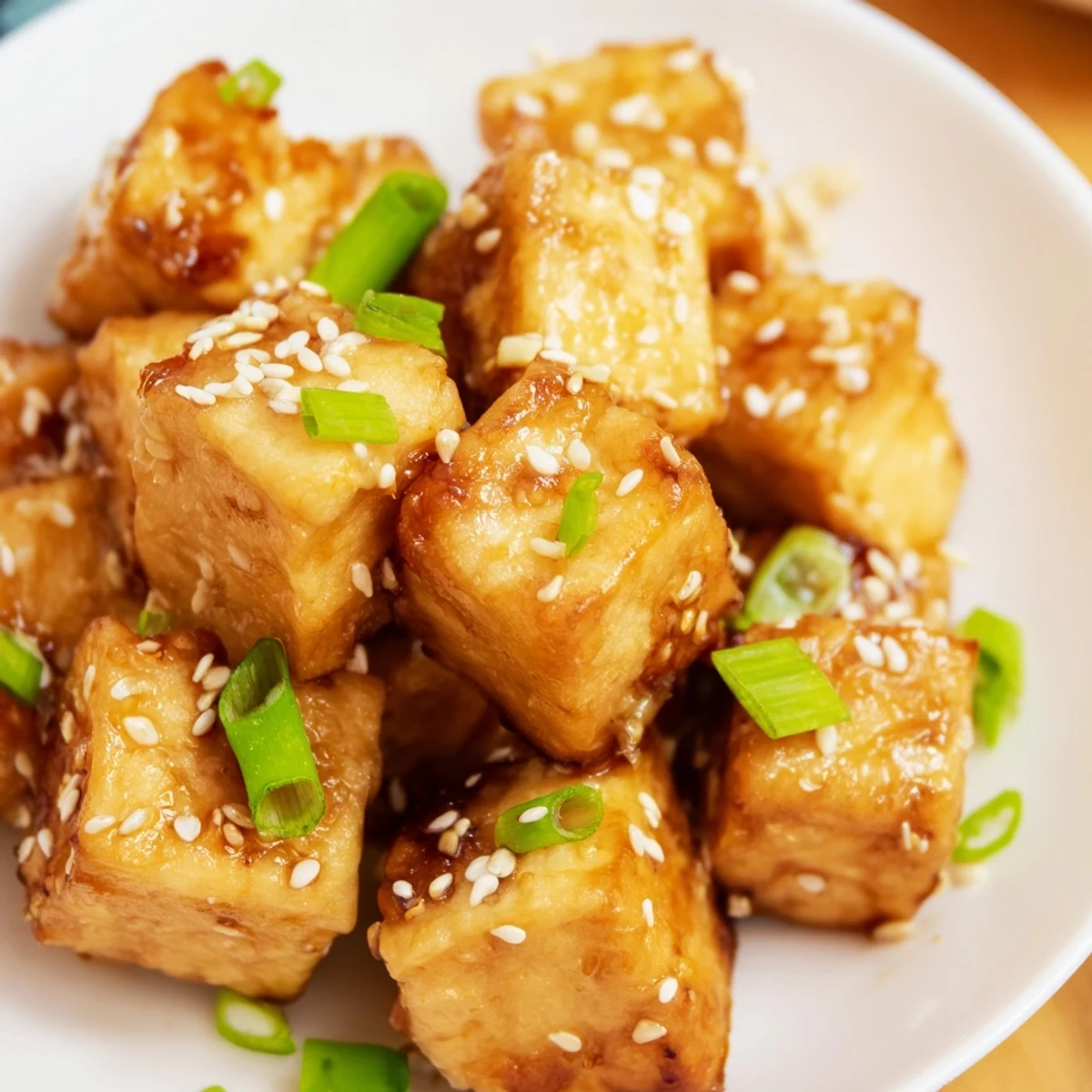 Close-up of Crispy Air Fryer Tofu with Soy Glaze, showing crunchy texture and glossy finish.