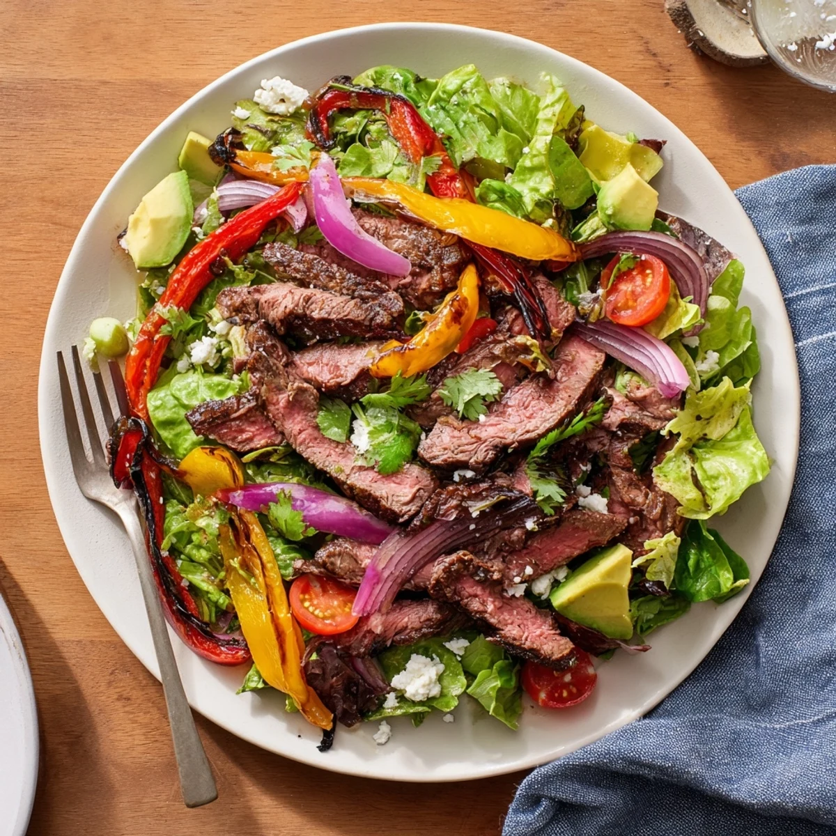 A vibrant Beef Fajita Salad with grilled steak slices, charred peppers, and creamy avocado on mixed greens.