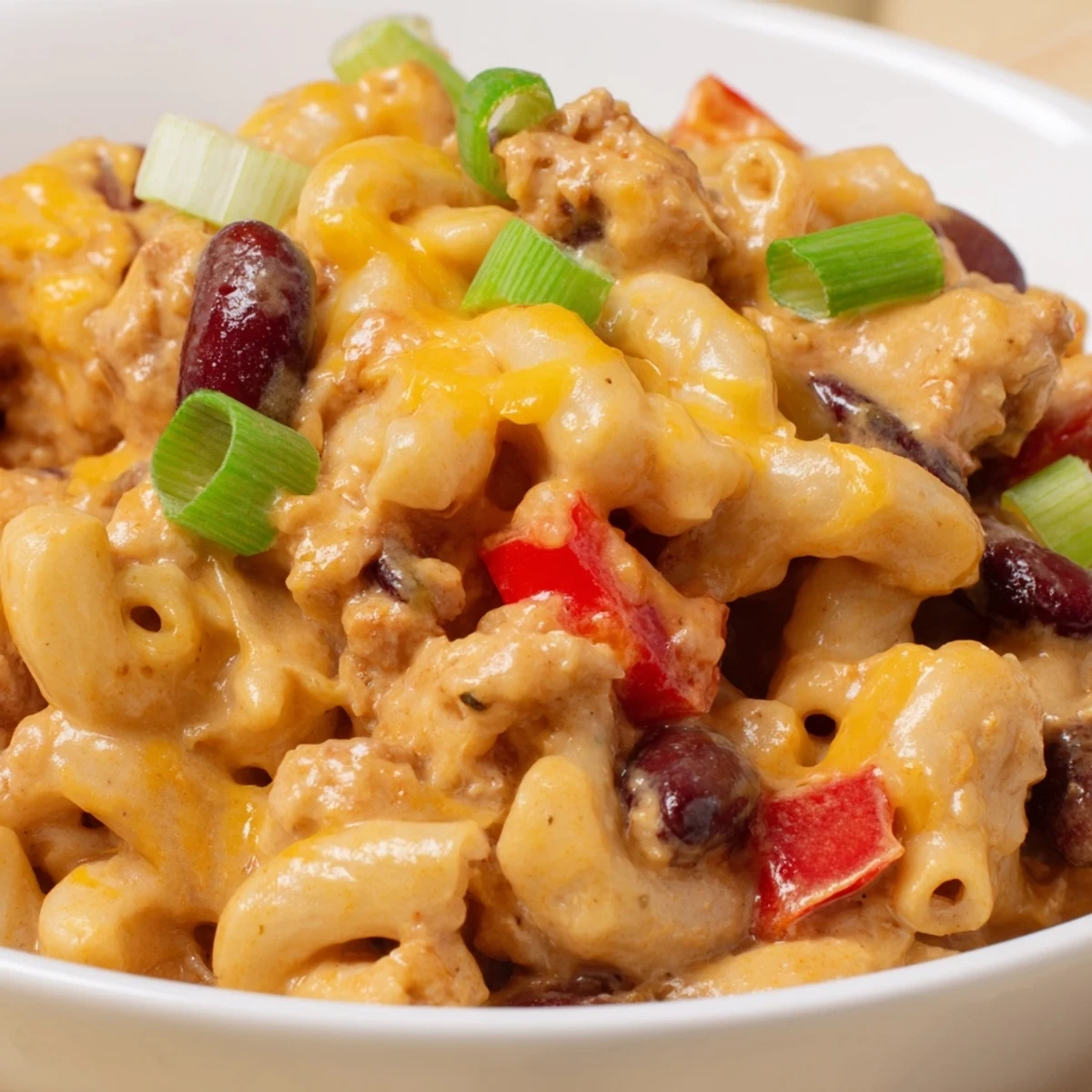 One-pot Turkey Chili Mac and Cheese served in a rustic bowl with sour cream topping.