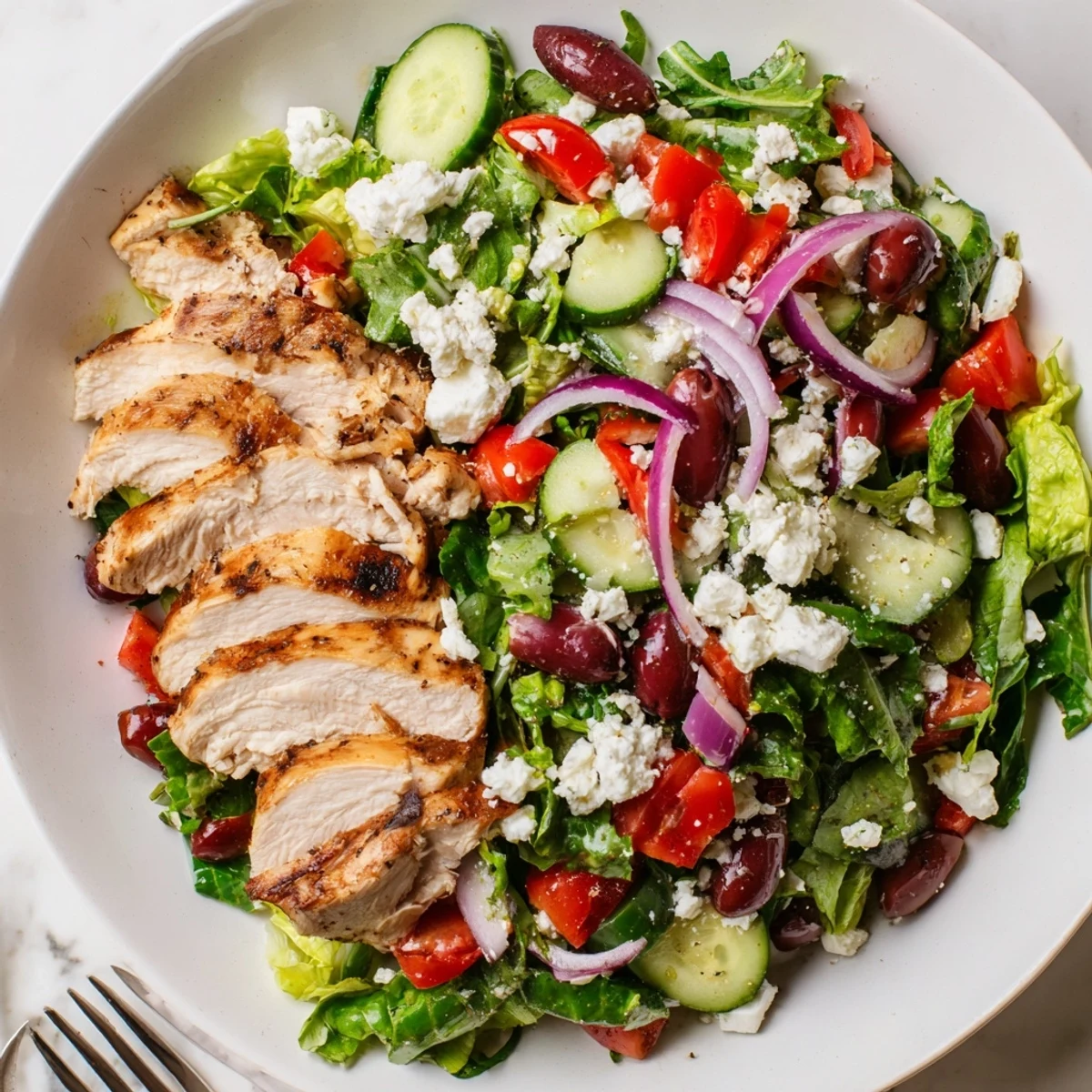 Juicy grilled chicken rests atop crisp cucumber, tomatoes, and feta in this Mediterranean Greek Salad with Chicken.  