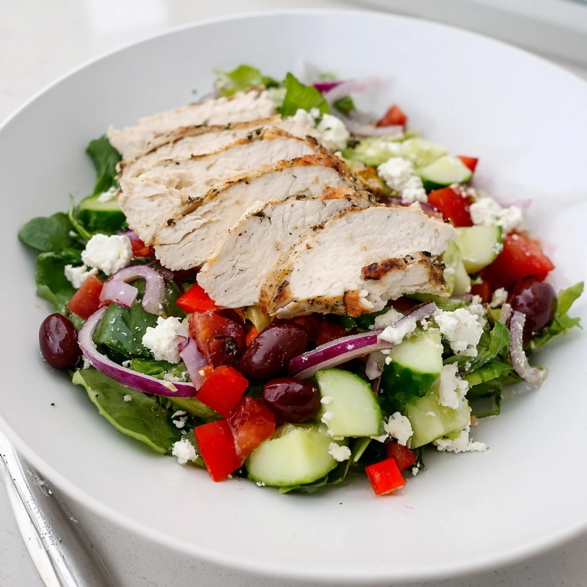 A vibrant, protein-packed Mediterranean Greek Salad with Chicken features tangy lemon-oregano vinaigrette.  