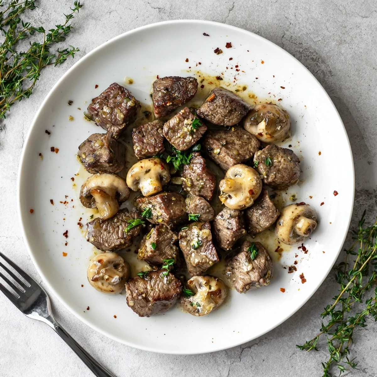 Golden seared garlic butter steak bites and sautéed mushrooms garnished with fresh parsley, served warm in a skillet.  