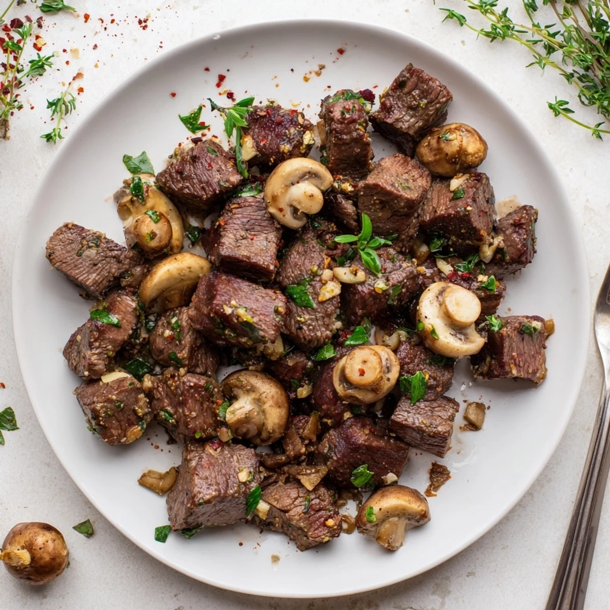 Sizzling skillet of Garlic Butter Steak Bites with Mushrooms featuring tender sirloin cubes and rich garlic butter sauce.